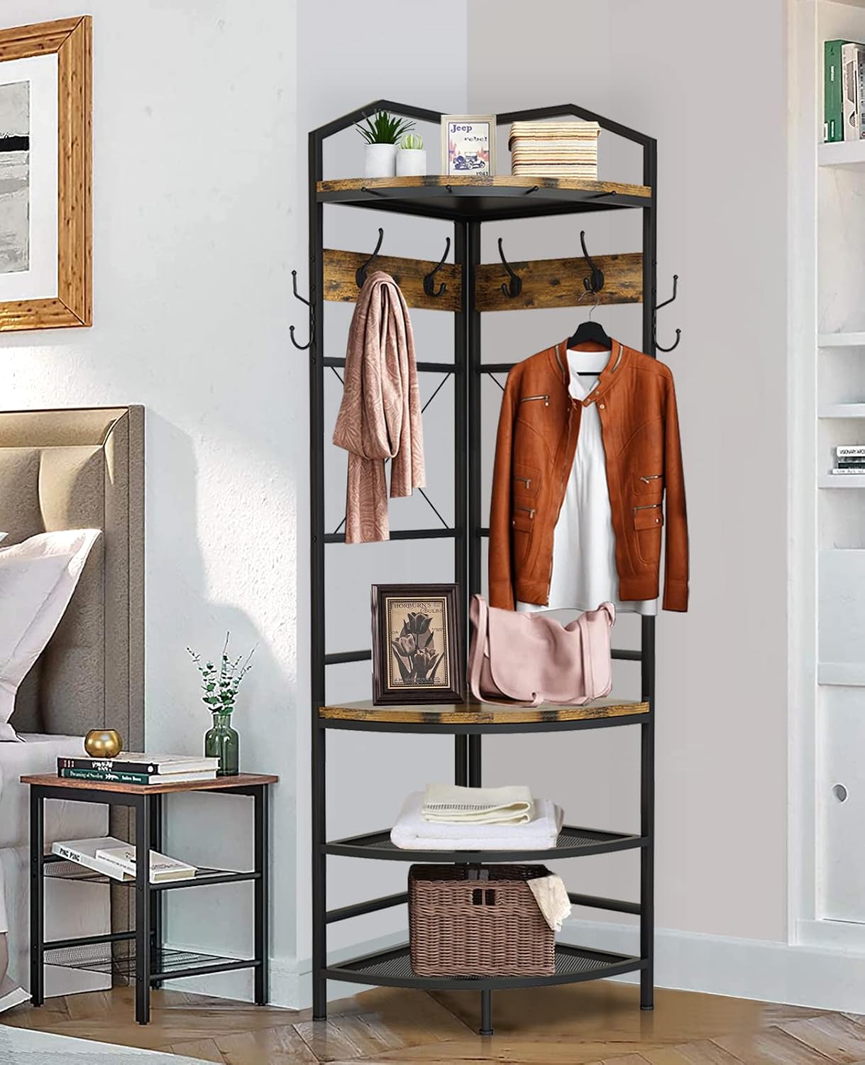 Recaceik 5-in-1 Hall Tree Entryway Bench Coat Rack with 11 Hooks and 2 Hanging Rods, Grid Panel Home Organizer Shoe Shelf for Corner, Hallway, Closet, Rustic Brown