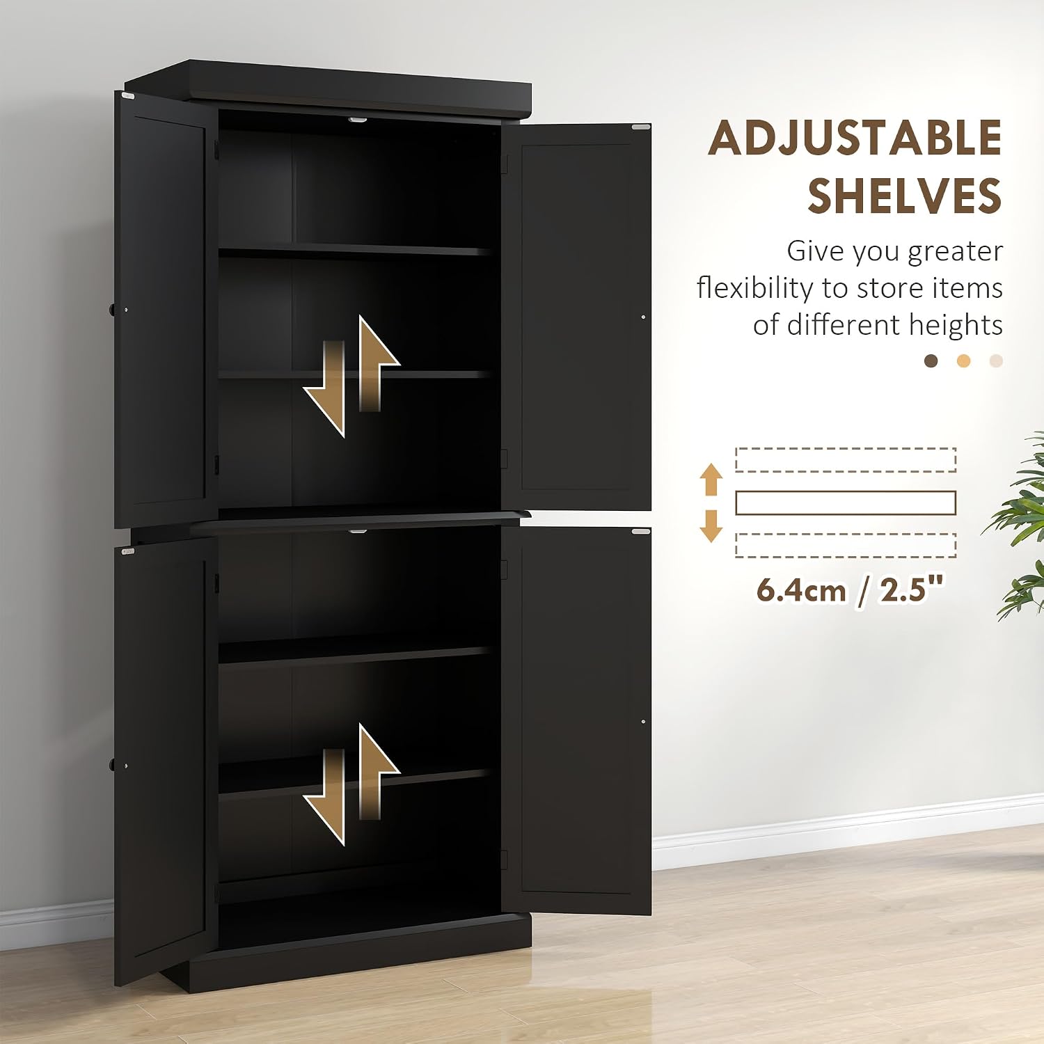 HOMCOM 72.5" Tall Kitchen Pantry Cabinet, Freestanding Modern Farmhouse Kitchen Storage Cabinet with 4 Doors and 2 Adjustable Shelves for Dining Room, Black