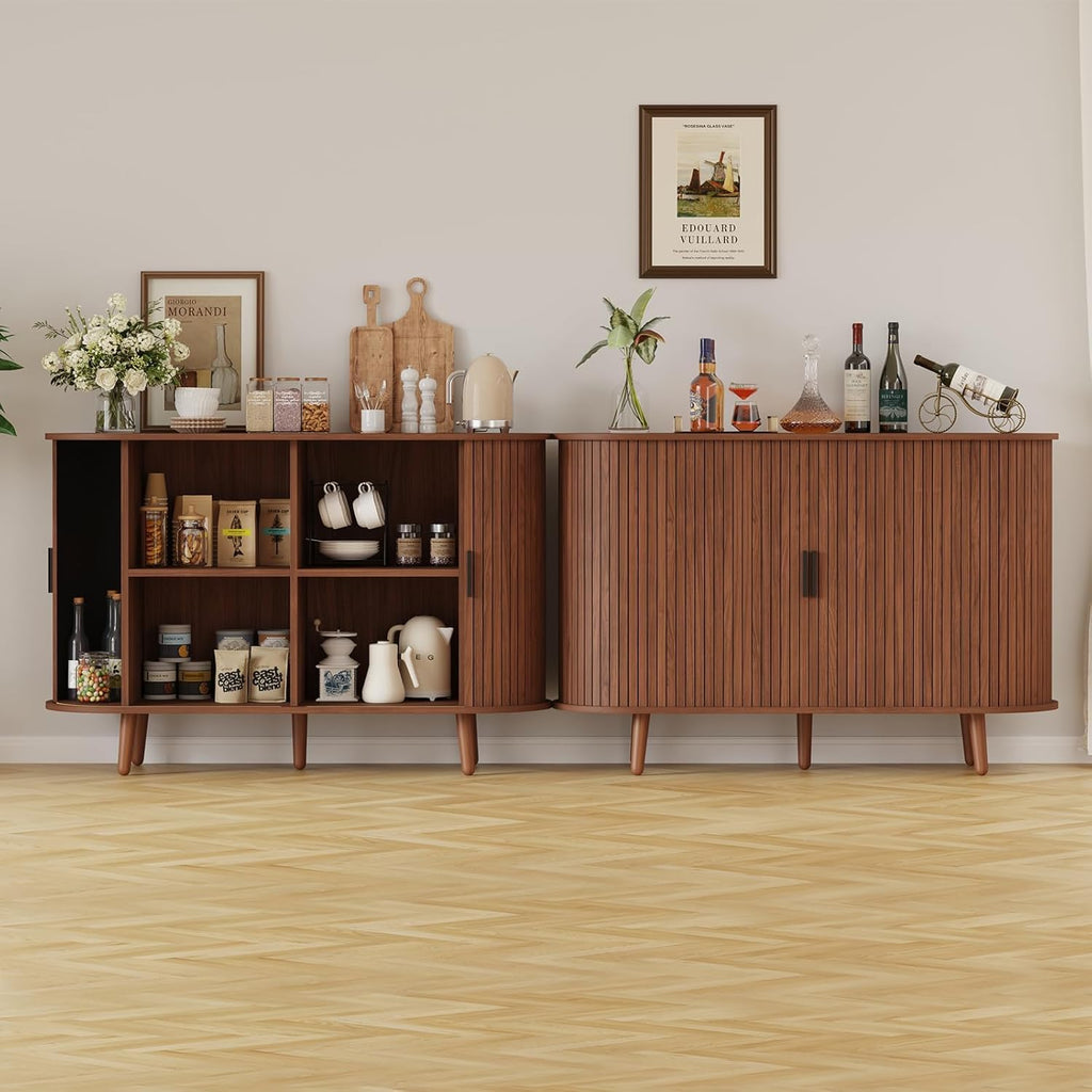 47" Buffet Cabinet,Sideboard Buffet Cabinet with Storage,Sideboard Console Table with Sliding Door & Adjustable Shelf,Curved Edge Sideboard Cabinet for Living Room, Kitchen(Walnut)