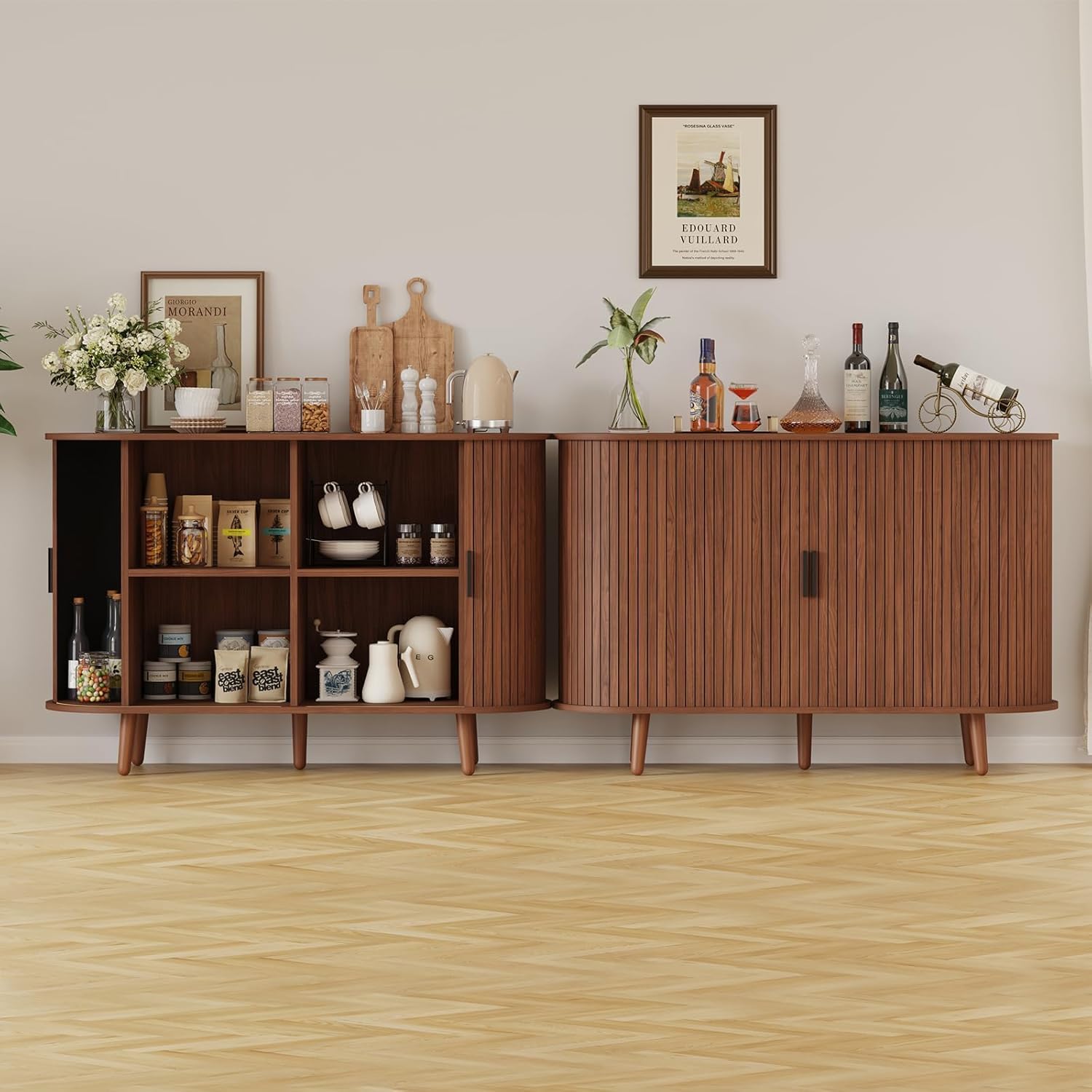 47" Buffet Cabinet,Sideboard Buffet Cabinet with Storage,Sideboard Console Table with Sliding Door & Adjustable Shelf,Curved Edge Sideboard Cabinet for Living Room, Kitchen(Walnut)