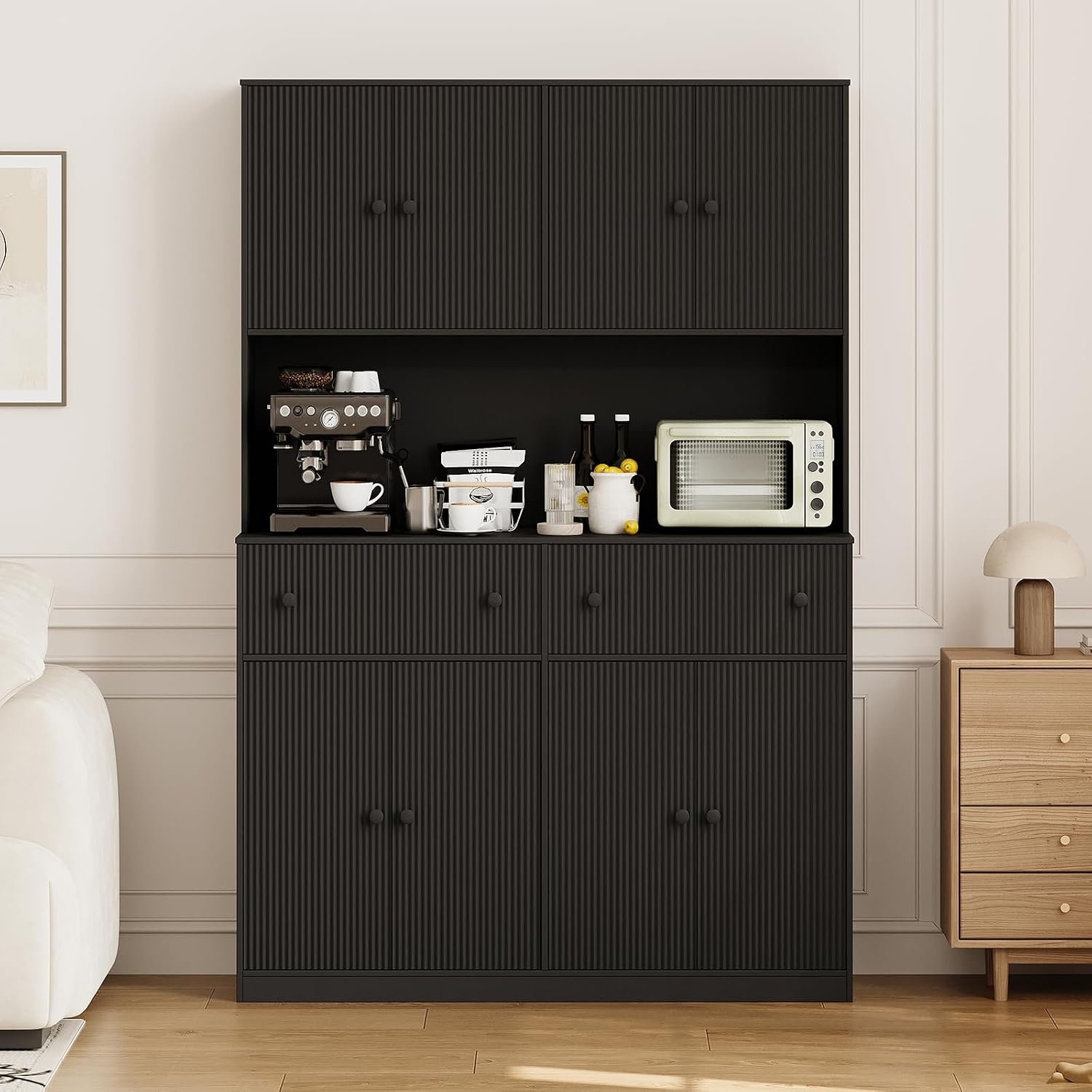 Garvee 47" Fluted Kitchen Pantry Cabinet with Countertop and Charging Station - Tall Pantry Storage Cabinet with 2 Drawers and Adjustable Shelves for Dining Room, Living Room