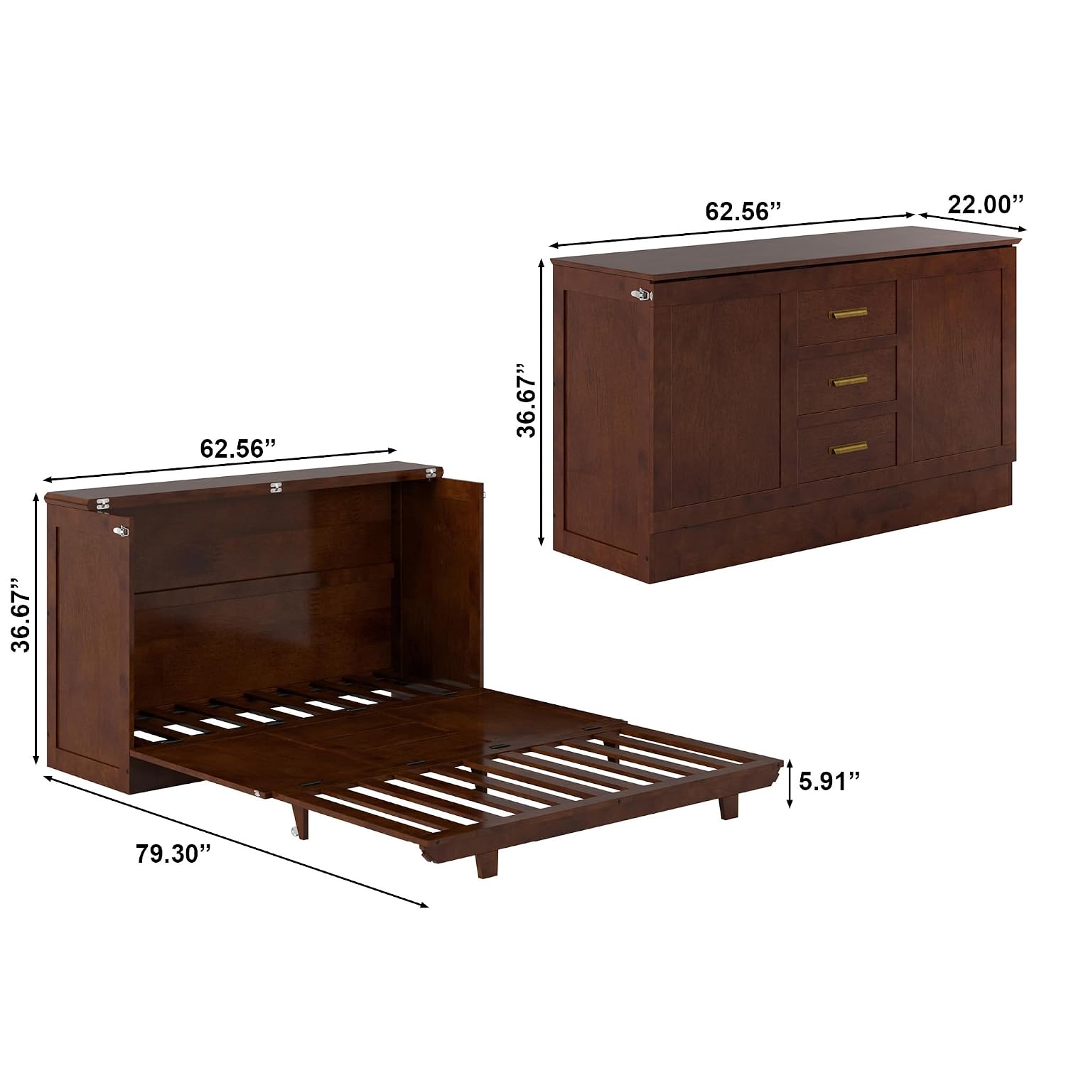 AFI, Charleston Queen Wood Murphy Bed Chest with 6" Mattress, Walnut