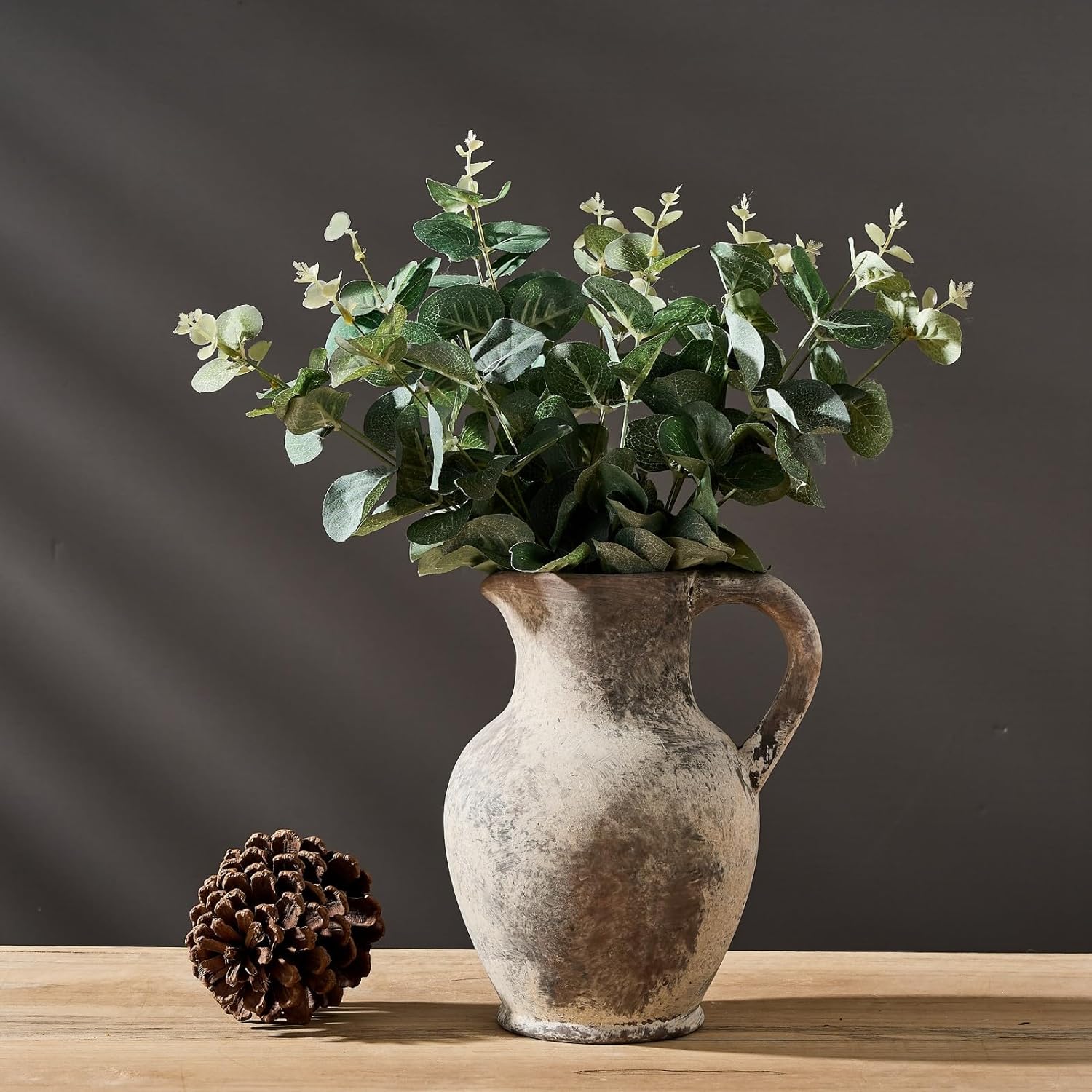SIDUCAL Ceramic Rustic Farmhouse Vase with Handle, Terracotta Vase, Minimalist Decorative Vases for Home Decor, Table, Living Room, Shelf, Christmas Decoration(Gray)