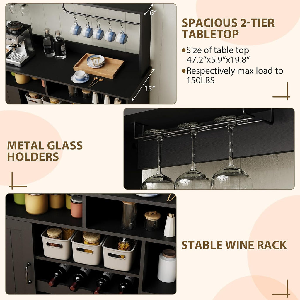 47" Farmhouse Buffet Sideboard Cabinet with Power Outlets Coffee Bar Cabinet with Storage, Large Buffet Storage Cabinet Table with Wine Racks, Goblet Holder, Hooks for Kitchen, Dining Room, Black