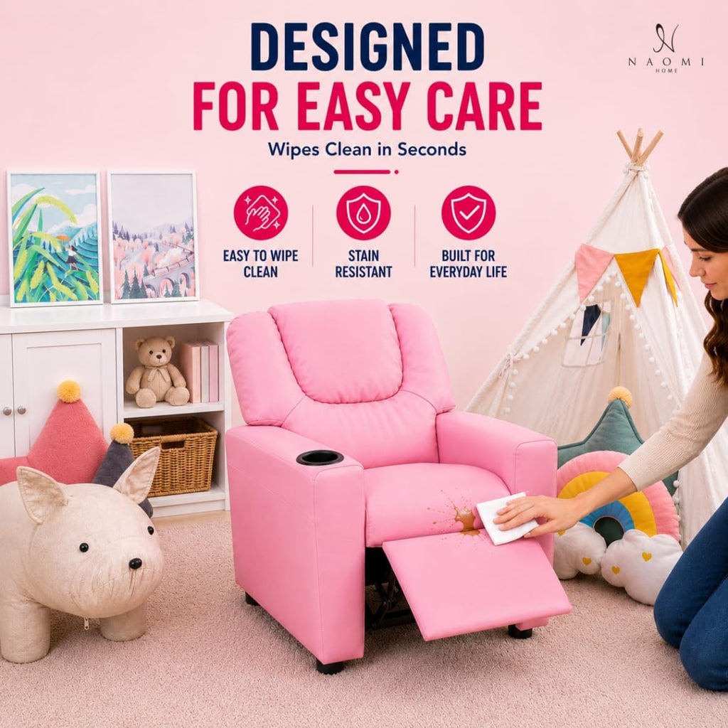 Naomi Home Suri Kids Recliner Chair: 150 Lbs Capacity & Solid Hardwood Frame for Ultimate Durability. Built to Grow Toddler & Children Sofa with Cup Holder, Footrest & 3 Recline Positions - Pink