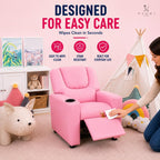 Naomi Home Suri Kids Recliner Chair: 150 Lbs Capacity & Solid Hardwood Frame for Ultimate Durability. Built to Grow Toddler & Children Sofa with Cup Holder, Footrest & 3 Recline Positions - Pink