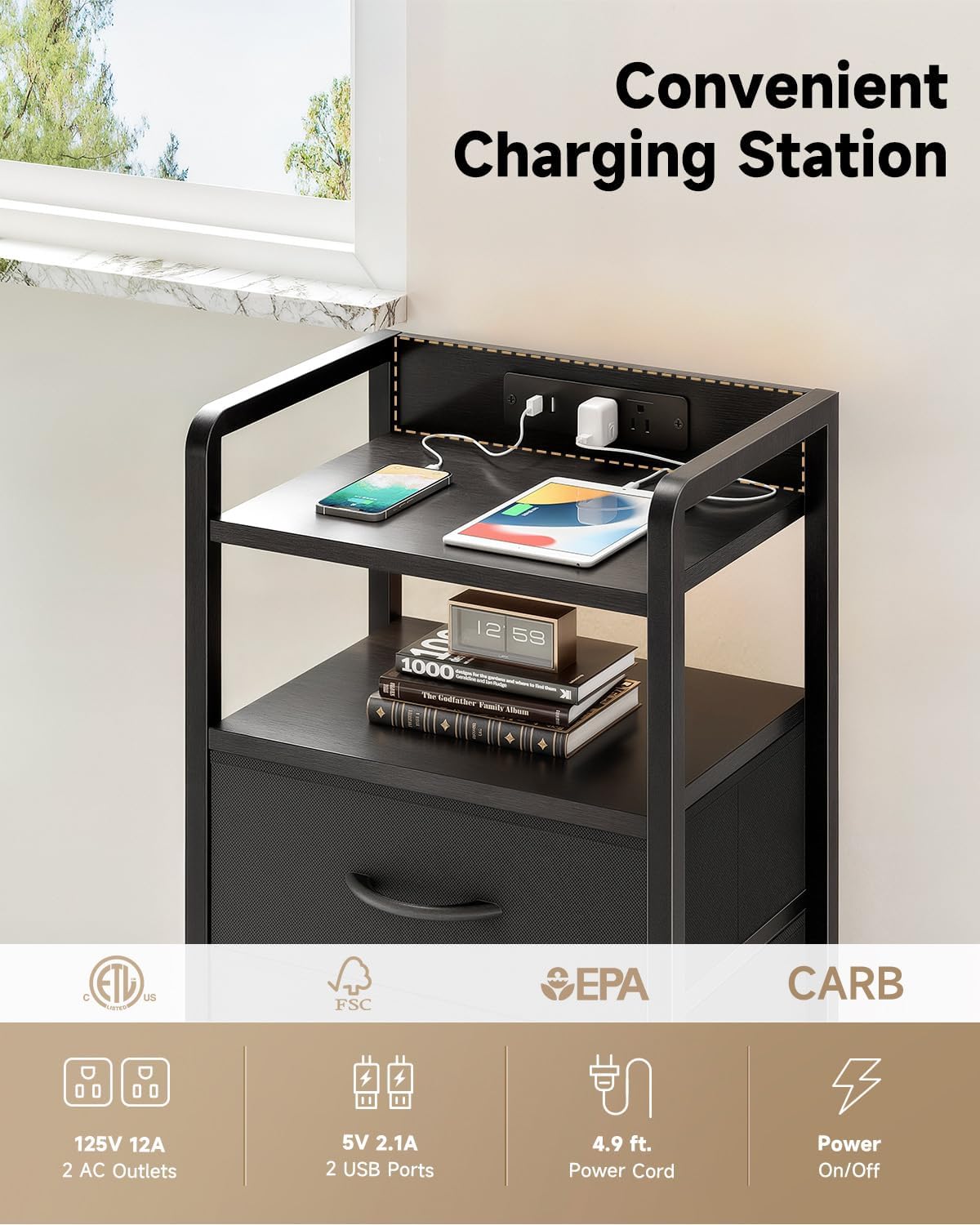 Lazzanto Nightstand with Rear Charging Station, LED Light, 2 Drawers, Black | Industrial Nightstand, 2 USB-A Ports & AC Outlets, Raised Back Guard, Fabric Storage Drawers, Bedside Table for Bedroom, Dorm