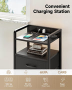 Lazzanto Nightstand with Rear Charging Station, LED Light, 2 Drawers, Black | Industrial Nightstand, 2 USB-A Ports & AC Outlets, Raised Back Guard, Fabric Storage Drawers, Bedside Table for Bedroom, Dorm