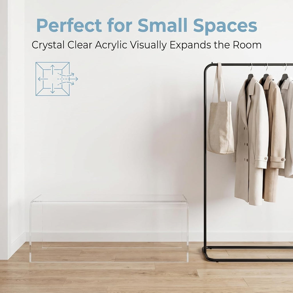 39 Inch Long Clear Acrylic Bench, Modern Contemporary Rectangle Seating for Living Room, Entryway, Family Room, Hallway and Foyer, Decorative Window Bench