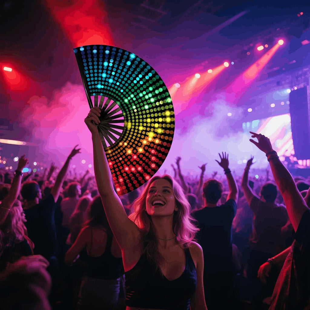 Large Glow Rave Fan, 13 Inch Folding Clack Hand Fan with DJ Lighting Effects - Portable Handheld Line Dancing Fan for Music Festivals, EDM Parties & Rave Outfit Accessories