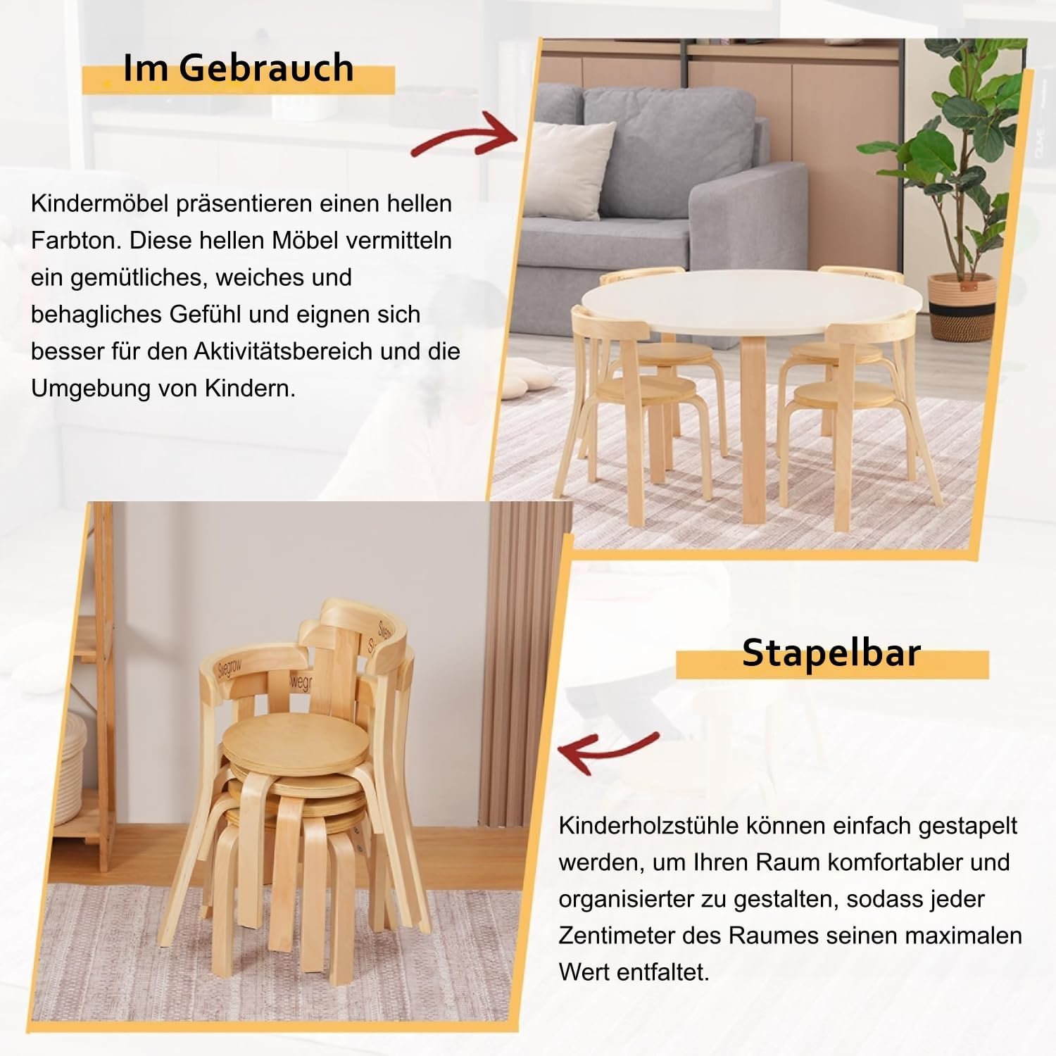 Swegrow Wooden Kids Chair, Toddler Chair for Table, Kids Stackable Chairs, Kid Wooden Furniture for Family/Playroom/Classroom（Set of 4-Natural Wood）