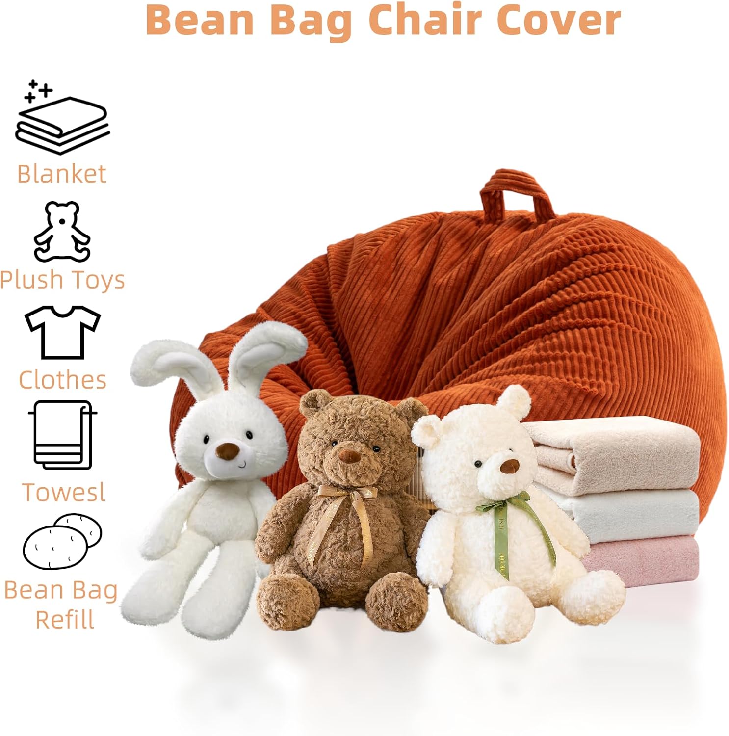 ZhenLives Stuffed Animal Storage Bean Bag Chair Cover, Cover Only (No Filler), Corduroy Toy Organizer Floor Cushion Seat, 48 in/120 cm Slipcover for Teens & Adults,Green