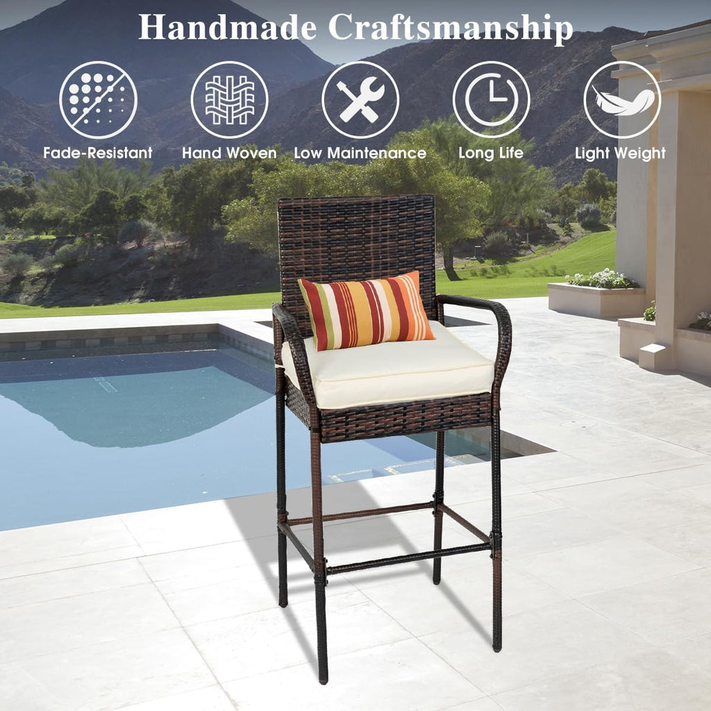 Sundale Outdoor Wicker Bar Stool Set of 6, Patio Counter Height Pub Chair with Arms, High Top Rattan Barstool, Cushion Beige, All-Weather Outdoor Rattan Furniture (Brown&Beige, Small Seat - 6 Stools)