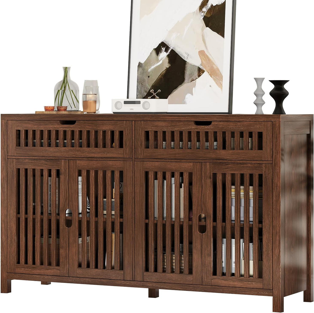 Vabches Modern Sideboard Cabinet with 4 Doors & 2 Drawers, Wood Buffet Cabinet with Storage for Dining & Living Room, Brown