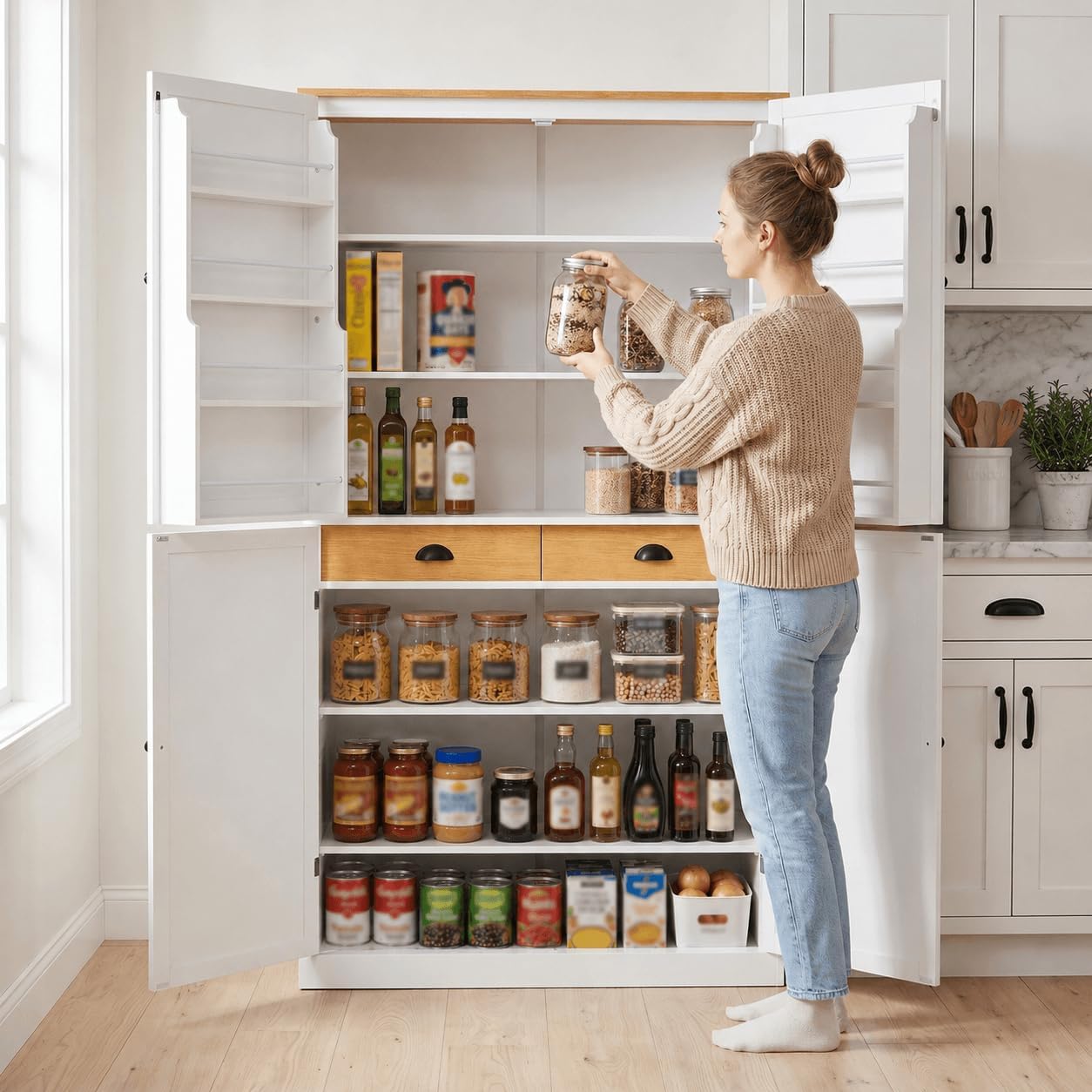 Litex 40.2" Wide Kitchen Pantry Cabinet, 71.3" Tall Freestanding Storage Cabinet with 2 Drawers, Adjustable Shelves & 8 Door Shelves, Large Farmhouse Kitchen Cupboard for Kitchen Dining Room (White)
