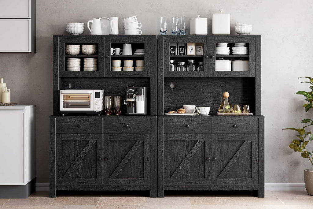 Takywep 63" Kitchen Pantry Cabinet, Freestanding Pantry Hutch Cabinet with Microwave Stand & 2 Drawers, 4 Doors & Adjustable Shelves, Kitchen Storage Cabinets for Kitchen, Dining Room, Black