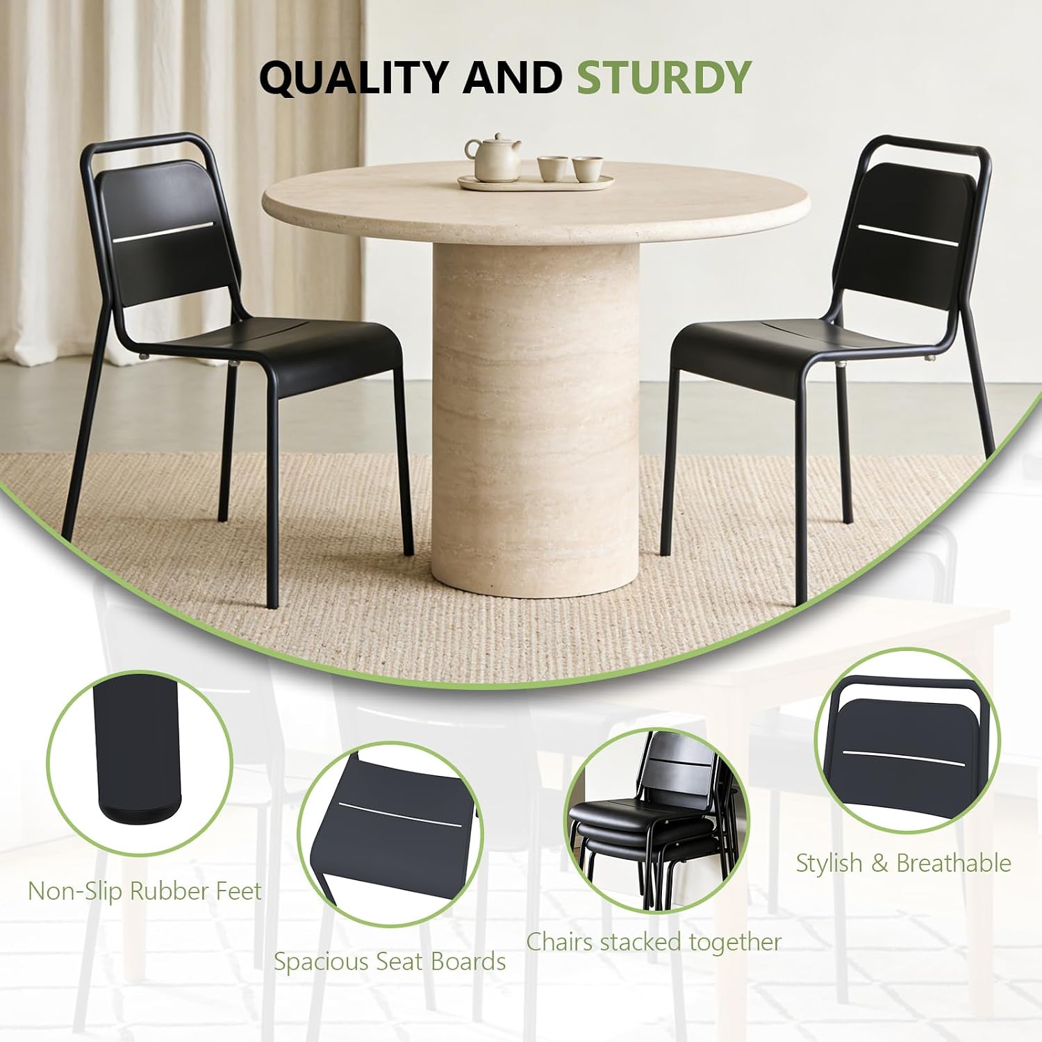 Metal Dining Room Chairs, Heavy Duty Stackable Chairs, Support Up to 380 lb, No Assemble, Kitchen Chairs Set of 4, Space Saving Seating for Home, Living Room, Waiting Room, Outdoor