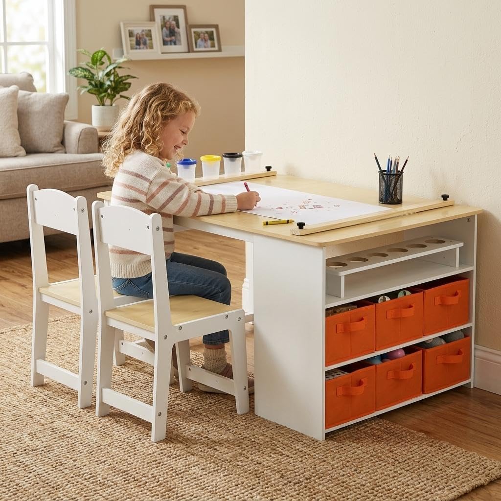 Garvee 4 in 1 Kids Art Table and Chair Set, Toddler Craft Table with Large Storage Drawers & Portable Art Organizer, Wooden Drawing Desk for Children, Activity Desk, Home Study Table & Toy Station