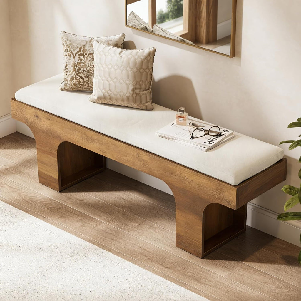 LITTLE TREE 55.2" Dining Bench with Linen Cushion, End of Bed Upholstered Bench, Farmhouse Entryway Bench for Hallway, Living Room, Bedroom, Kitchen