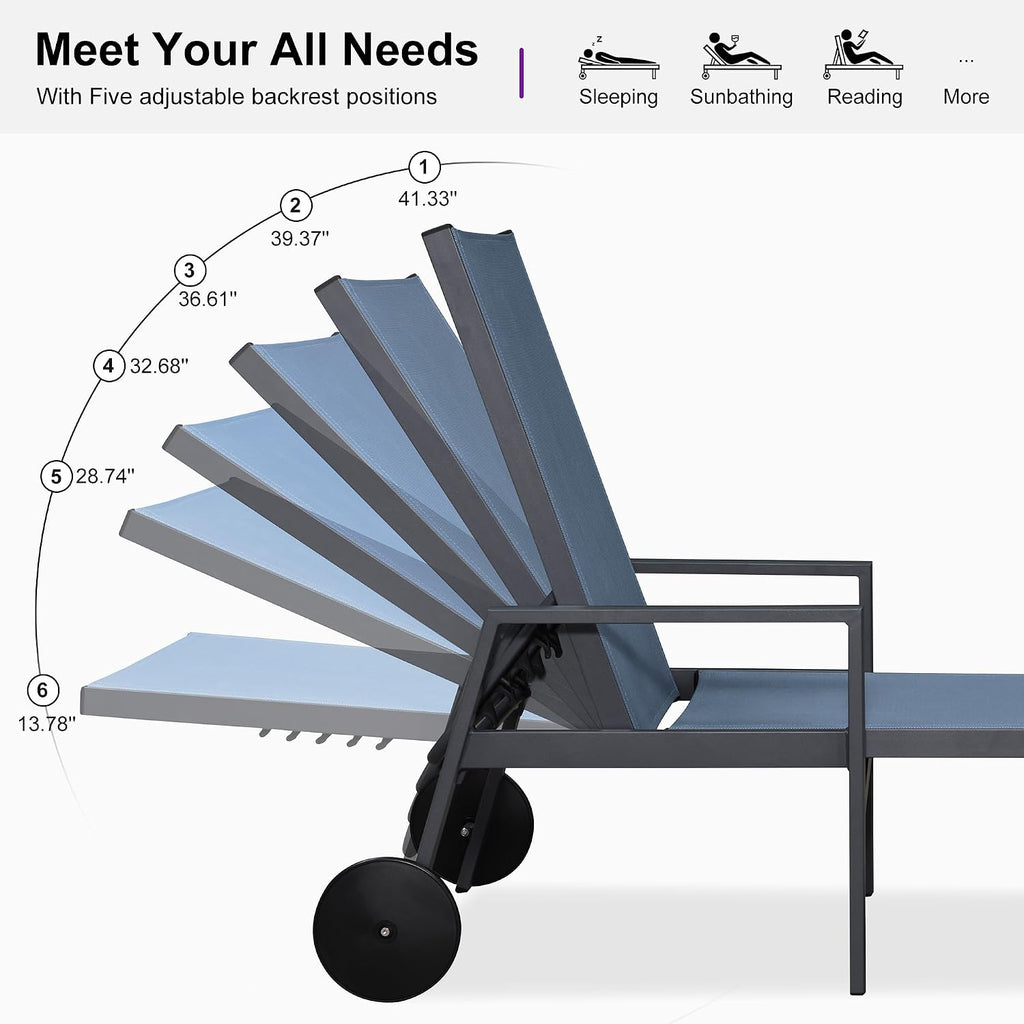 PURPLE LEAF Outdoor Chaise Lounge Set for 2 Aluminum Patio Chaise Lounger Chair with Armrest and Wheels Adjustable Pool Chaise Lounge Chairs for Beach Yard Poolside Table Included, Indigo