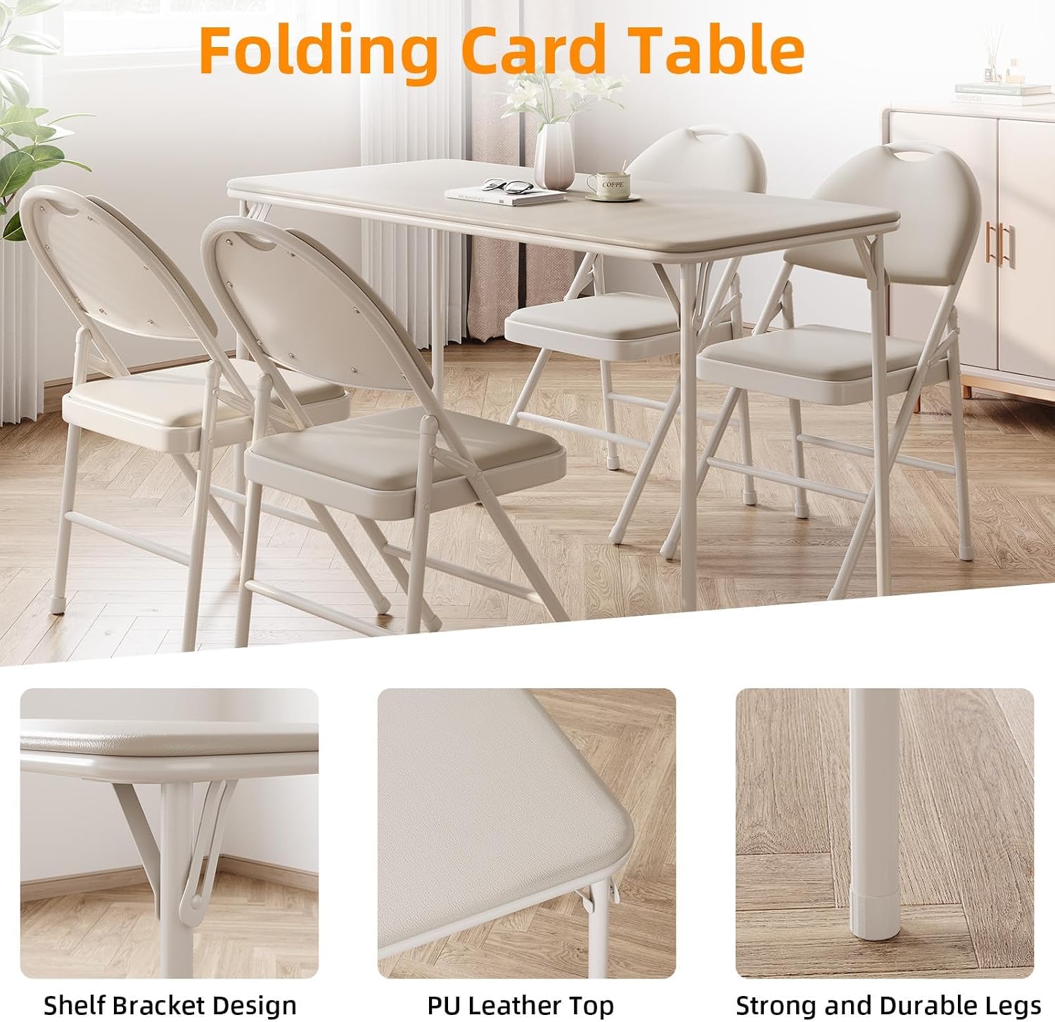 GAOMON Folding Table 4 Foot with Upholstered PU Leather Tabletop, Heavy Duty Metal Legs, Collapsible Design & Shelf Bracket, No Assembly Required, Indoor Outdoor Use, Beige