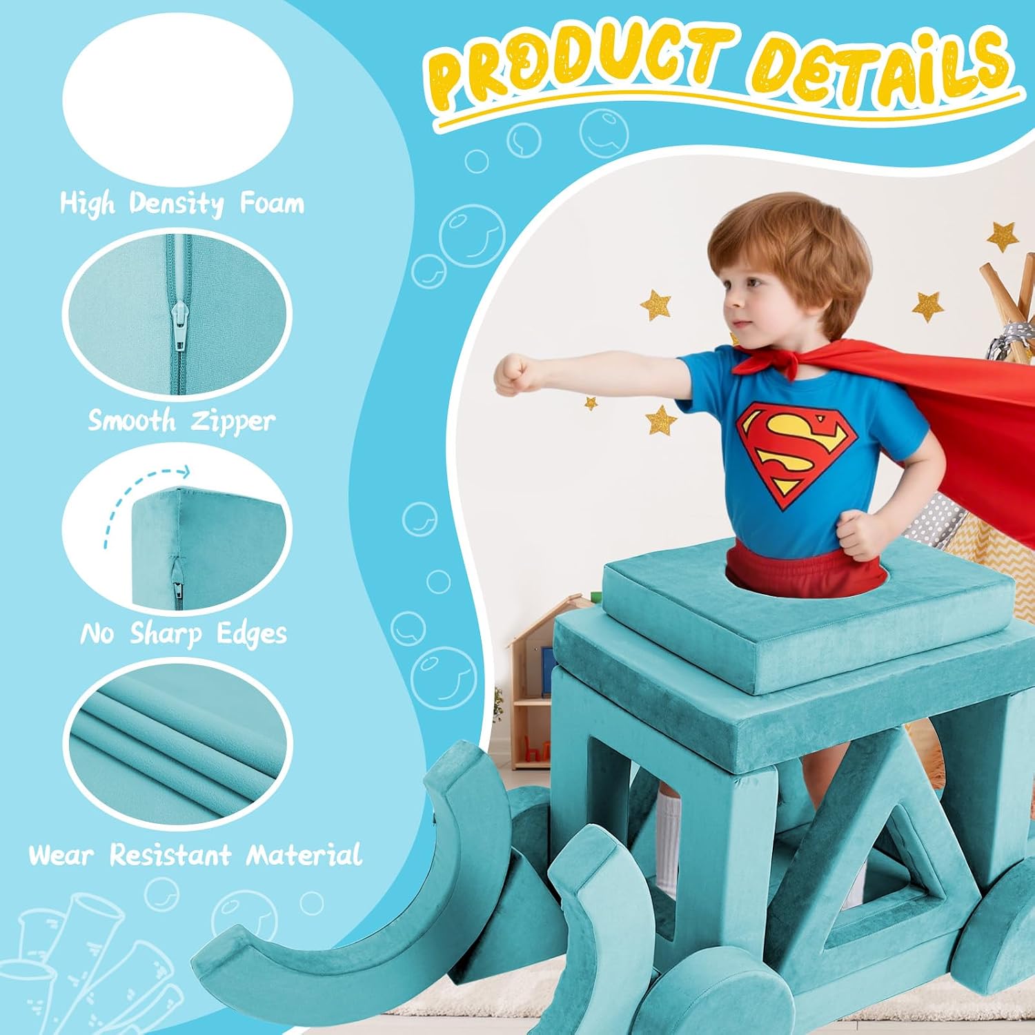 16PCS Modular Kids Play Couch Versatile Toddler Sofa Bed with Washable Covers Convertible Foam Sofa for Playroom Bedroom Creative Fort Building Set for Boys & Girls (Cyan)