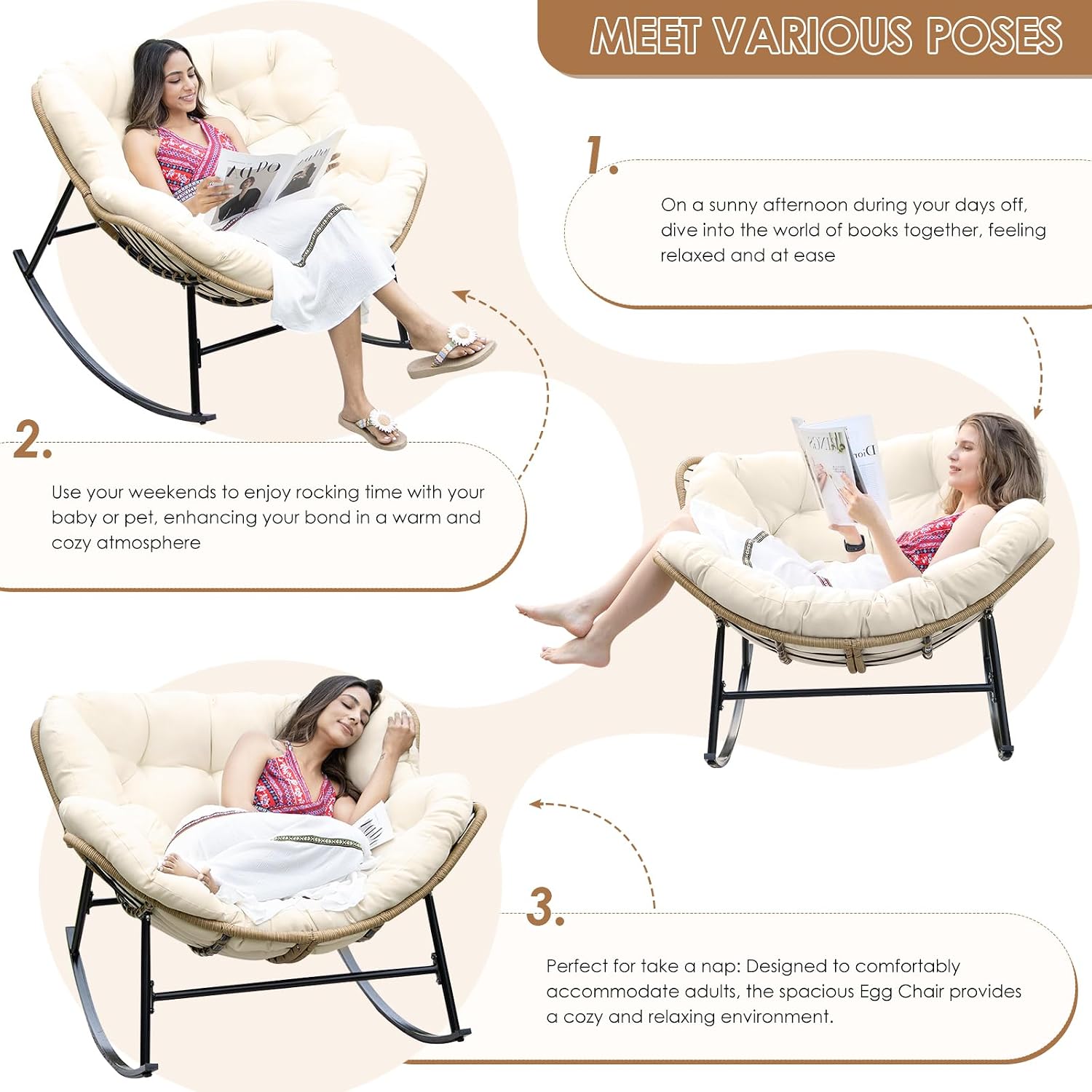 RADIATA Rocking Egg Chair Outdoor, Oversized Papasan Rocker with Cushion, 450 lbs Extra Wide Rocking Lounge Chairs, PE Wicker Big Comfy Sturdy Recliner Glider for Patio Porch Garden Living Room Beige