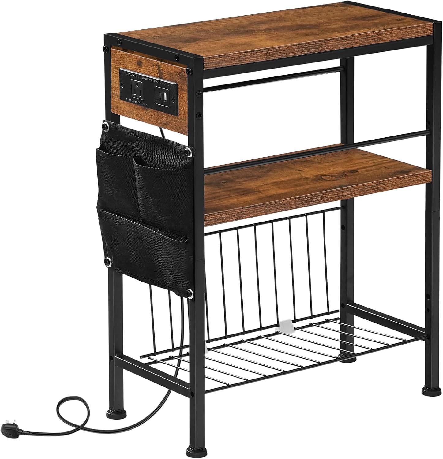 HOOBRO End Table with Charging Station, Small Side Table with Magazine Holder, Nightstand Bedside Table, 3-Tier Storage Shelf for Small Space, Living Room, Bedroom,Rustic Brown and Black BF412UBZ01