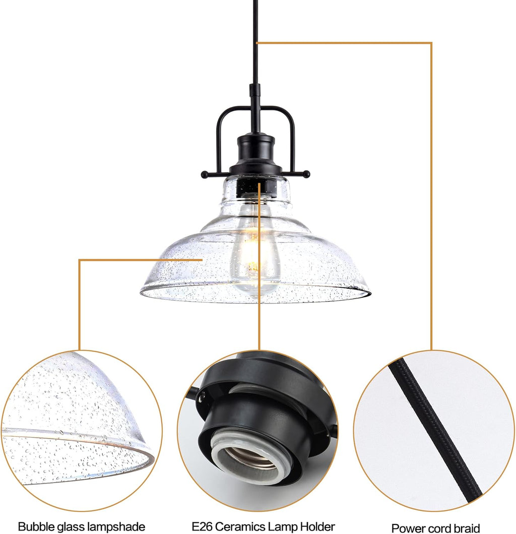Zlepmlla Glass Pendant Light，Black Pendant Light Fixtures with Seeded Glass Shade, Adjustable Height Hanging Lights for Hallway, Kitchen Island, Dinning Room（Bulb not Included）