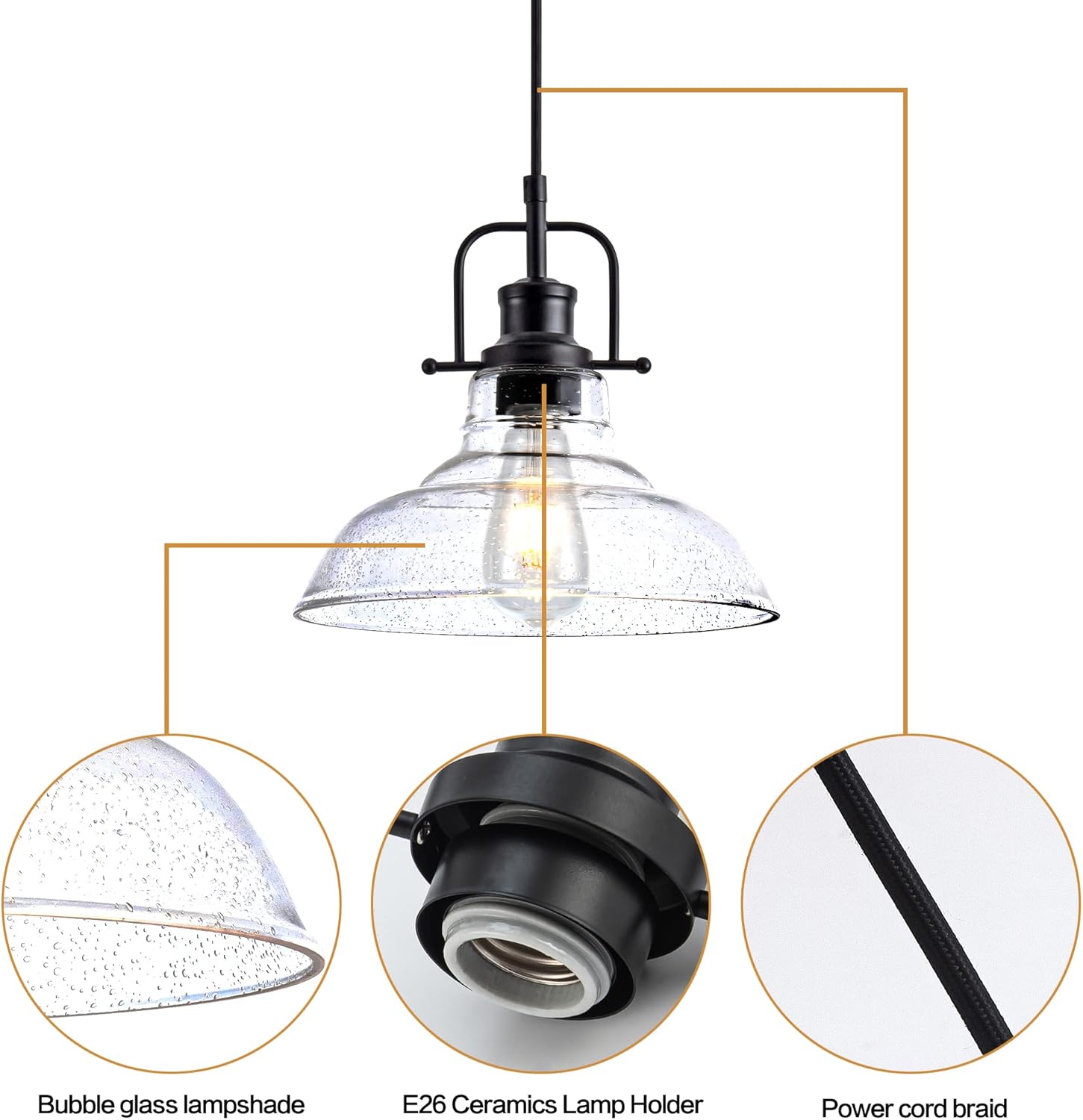 Zlepmlla Glass Pendant Light，Black Pendant Light Fixtures with Seeded Glass Shade, Adjustable Height Hanging Lights for Hallway, Kitchen Island, Dinning Room（Bulb not Included）