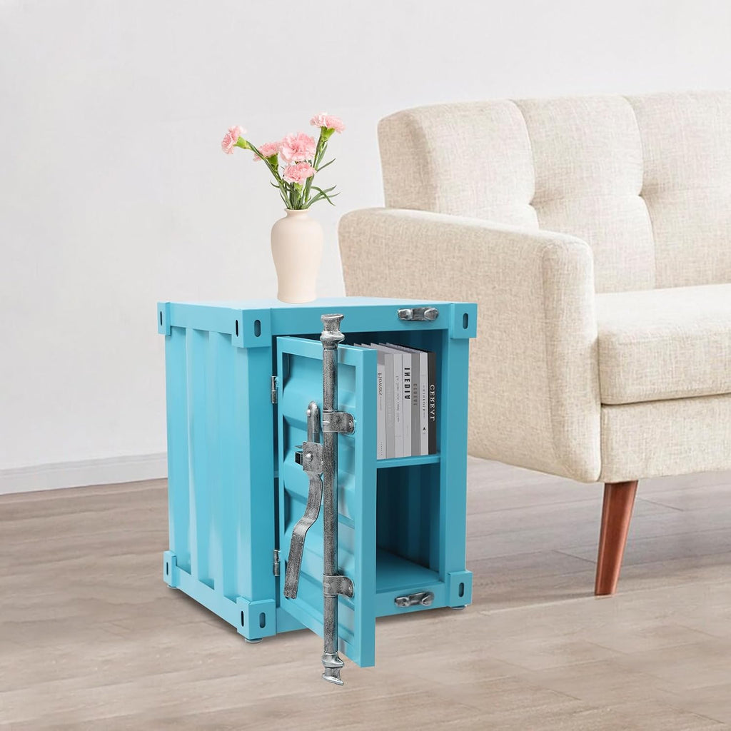 Industrial Wind Bedside Table, Container Style Locker Wrought, Iron Container Side Table with Metal Combination Lock for Bedroom, Living Room, Bar, Office (Blue)