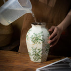 Green and White Vintage Ceramic Vase, 9.1 Inch Ice Glazed Crack Chinoiserie Rustic Floral vases, Green and Beige Large Pastoral Farmhouse Flower Vase for Tuscan Home Decor (D 6" X H 9.1")