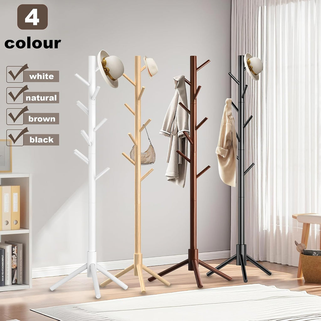 Aliphon Wooden Coat Rack Stand, Freestanding Coat Rack with 8 Hooks, 3 Adjustable Size Coat Tree for Hats, Coats, Scarves bags, Coat Hanger Stand Used in Bedroom/Office/Entryway （White）