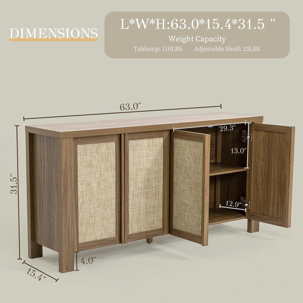 Yechen Buffet Cabinet with Storage, 63" Wide Sideboard with Solid Wood Handles and Rattan Look Accent Doors, Flexible Shelves, for Living Room, Kitchen, Natural Walnut
