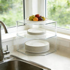 3-Tier Clear Acrylic Corner Shelf for Dishes - Plate Organizer for Cabinet Space Saver, Bowls & Dinner Plates, Kitchen Cabinet Plate Holder & Small Shelf for Bathroom Storage