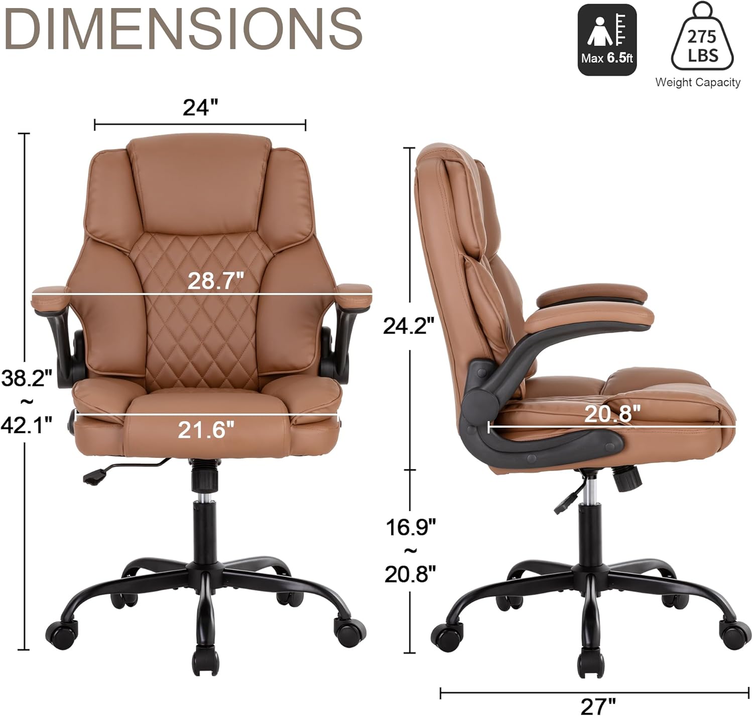 Office Desk Chair,Mid Back Executive Leather Chair,Ergonomic Home Computer Chair,Modern Conference Room Chairs with Adjustable Flip-Up Arms and Rocking Function (Brown)