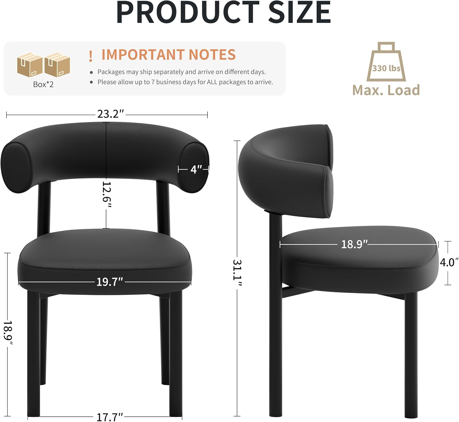 Dining Chairs Set of 4, Mid-Century Dining Room Chair, Carbon Steel Legs, Upholstered Seat, Textured Leather, Ergonomic Curved Backrest, Modern for Kitchen, Restaurant (Black-4)
