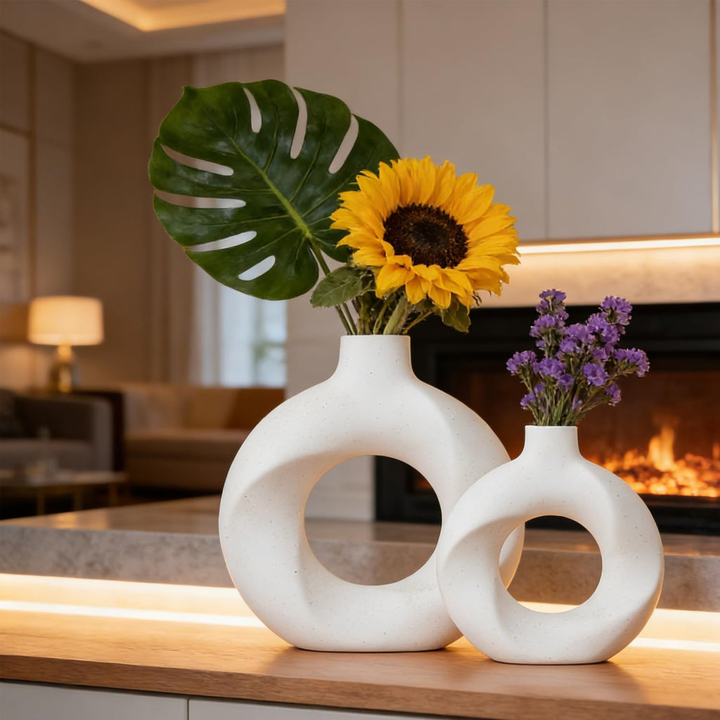 Donut Ceramic Vase Set of 2,Nordic Modern,Hollow,Decorative Ceramic Aesthetic Flower Vase for Home Decor Table Centerpiece Wedding Dining Living Room Office Bookshelf (White)