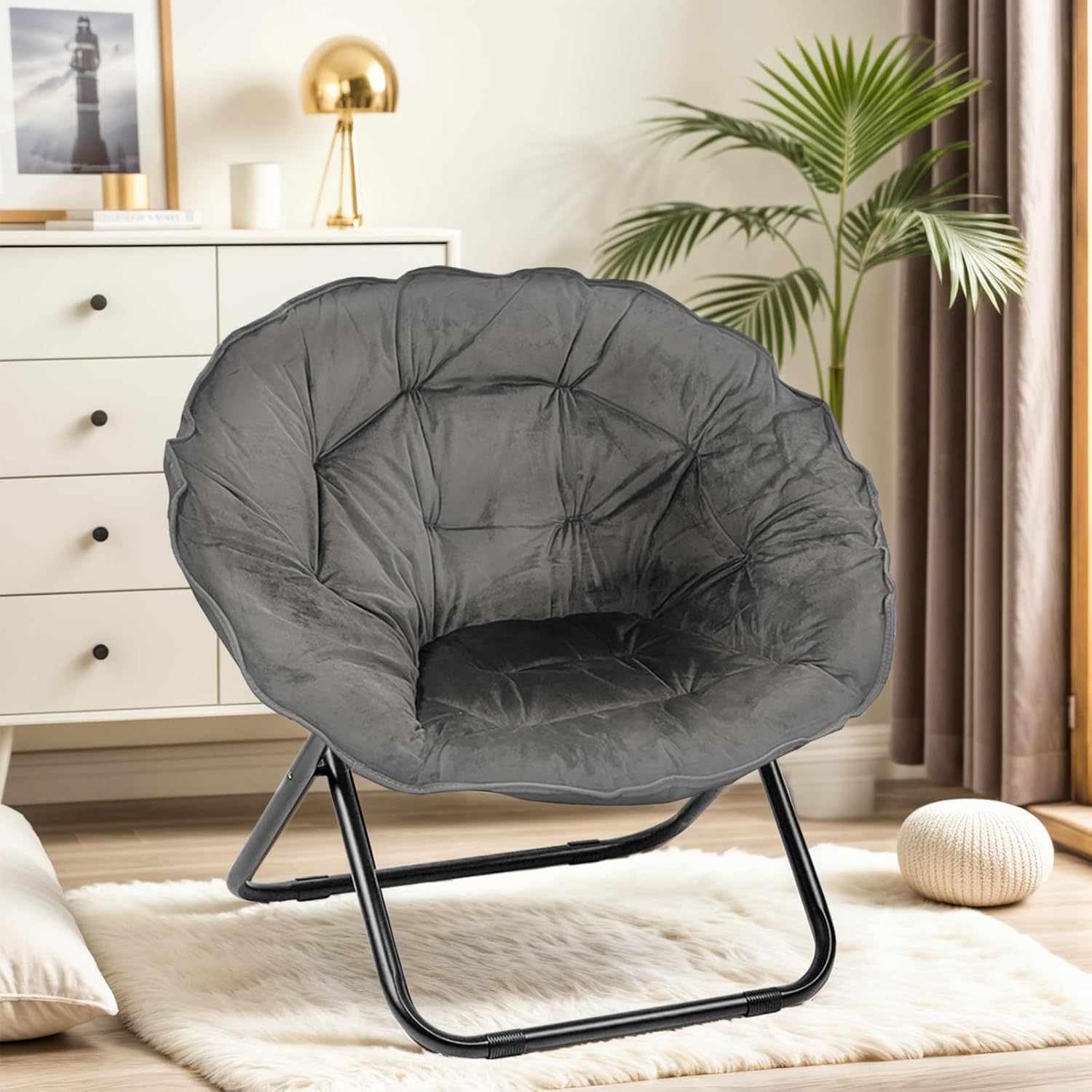 Folding Saucer Chair, Faux Fur Saucer Chairs for Adults Teens, Comfy Moon Chairs with Metal Frame for Bedroom, Living Rooms, Apartments, Camping, Lounging, Garden and Courtyard (Grey)