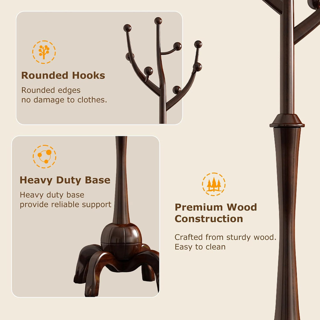Wood Freestanding Coat Rack 8 Hooks Coat Tree Standing,Dark Walnut | Wooden Creative Clothes Hanger with Sturdy Sphere Base and Tree Branch Hooks 160lb Load Capacity for Entryway Hallway Bedroom
