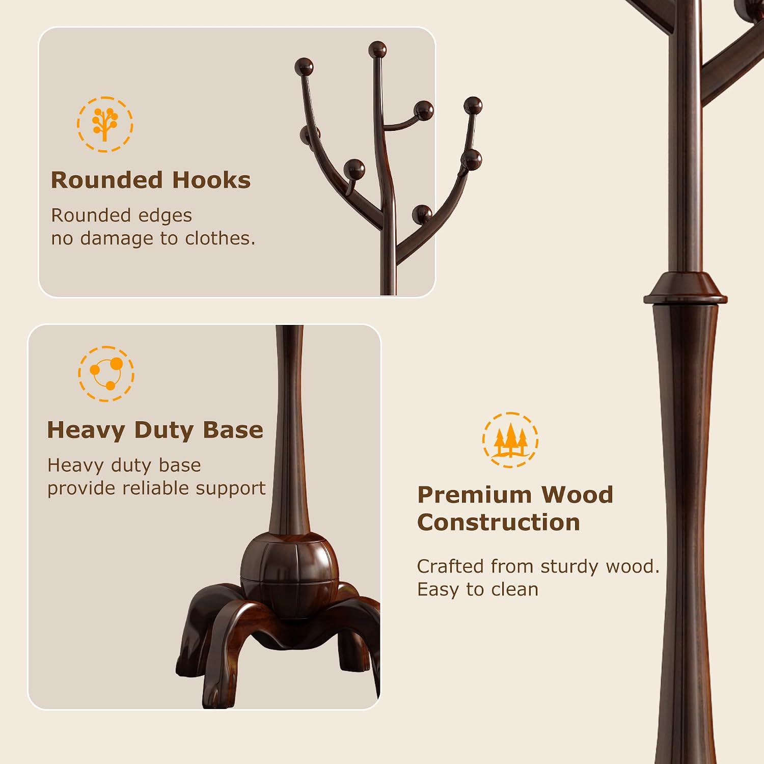 Wood Freestanding Coat Rack 8 Hooks Coat Tree Standing,Dark Walnut | Wooden Creative Clothes Hanger with Sturdy Sphere Base and Tree Branch Hooks 160lb Load Capacity for Entryway Hallway Bedroom