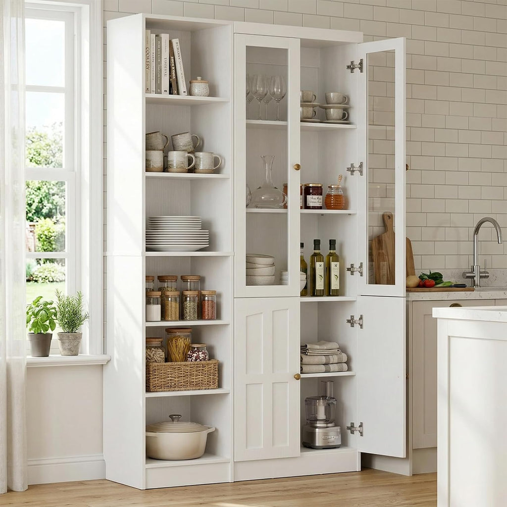 Cyclysio 80" Tall Pantry Cabinet with Tempered Glass Doors, Kitchen Cabinet with Anti-Tipping Device and Adjustable Shelves, Versatile Cupboard for Kitchen, Dining, Set of 2 (White)