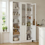 Cyclysio 80" Tall Pantry Cabinet with Tempered Glass Doors, Kitchen Cabinet with Anti-Tipping Device and Adjustable Shelves, Versatile Cupboard for Kitchen, Dining, Set of 2 (White)