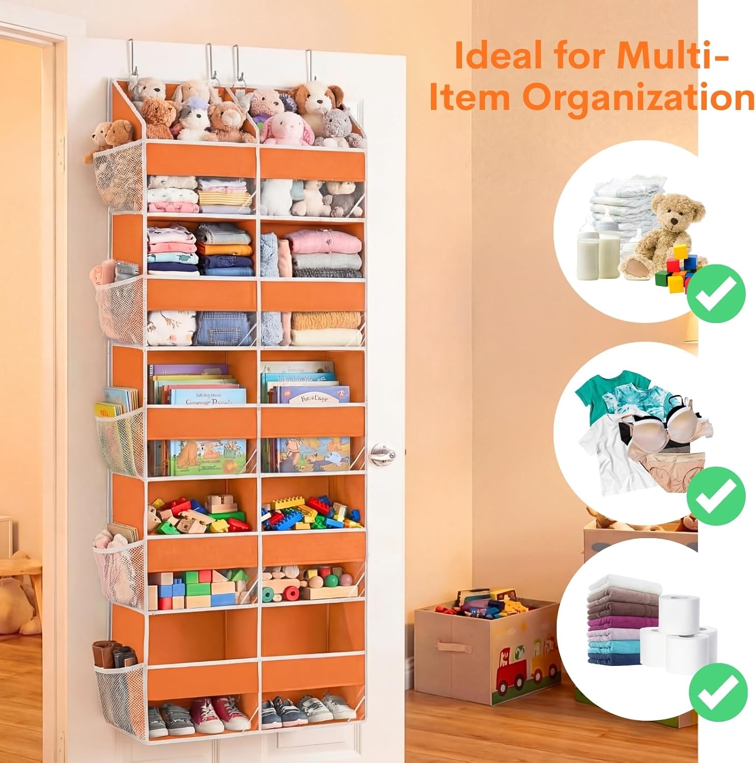 Over The Door Organizer 5 Tiers, Extra Large Behind Door Storage of 10 Compartments, 80 lbs Weight Capacity Hanging Storage Organizer with Clear Window Kids Toys,Shoes,Diapers,Room Storage,Orange