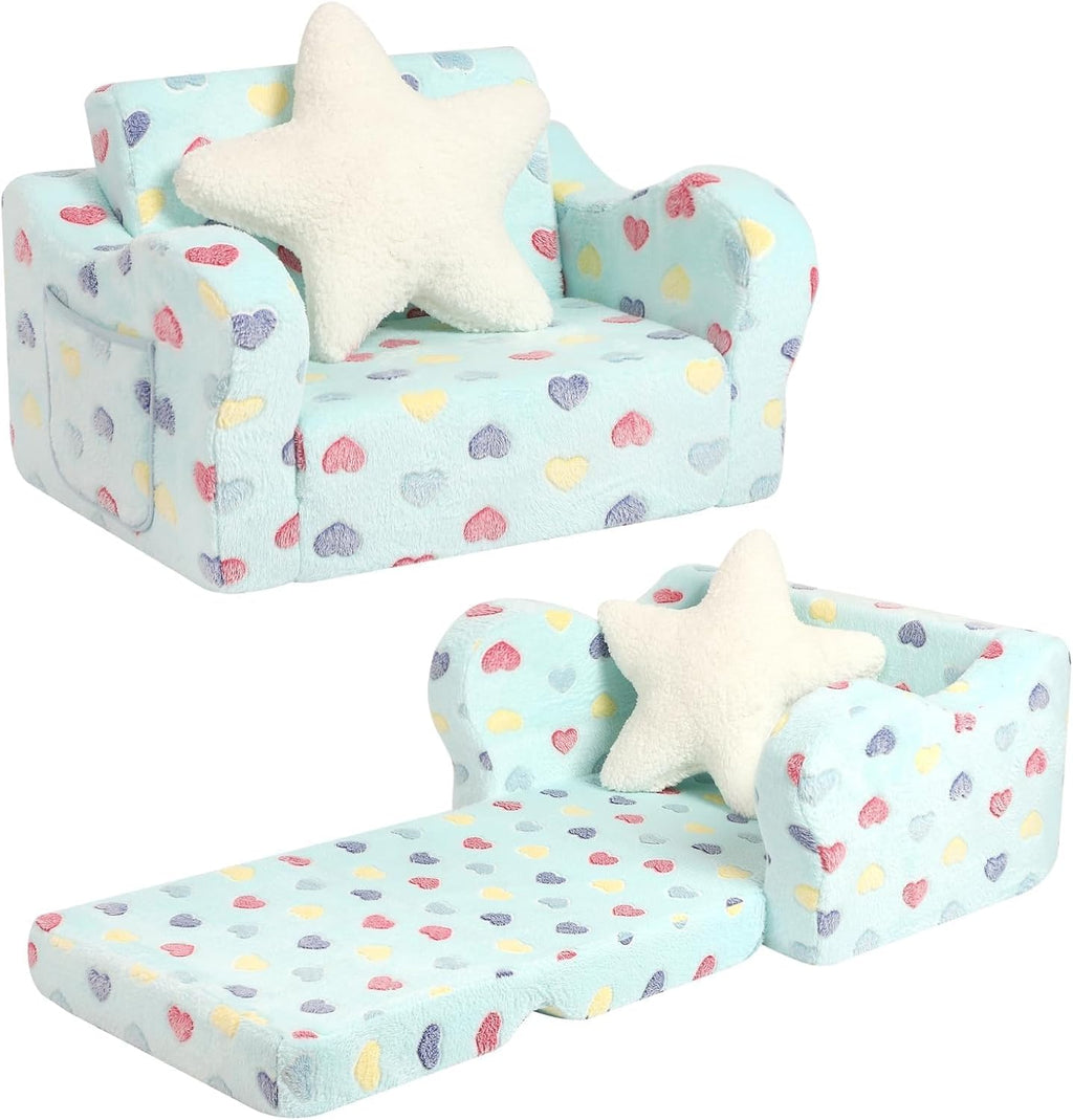 MOMCAYWEX Toddler Couch, 2-in-1 Kids Soft Couch Fold Out with Star Pillow, Foldable Sofa to Lounger, Medium, Colorful Heart