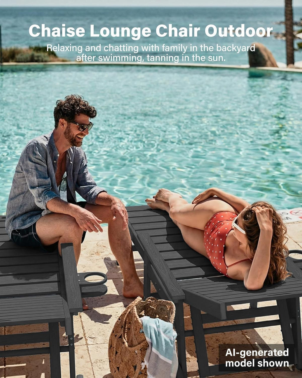 YEFU Lounge Chair Outdoor Set of 2: Outdoor Chaise Lounge with 5-Level Adjustable Backrest, Cup Holders & Wheels, All-Weather Resistance Chaise Lounge for Outside/Patio/Beach/Deck, Black