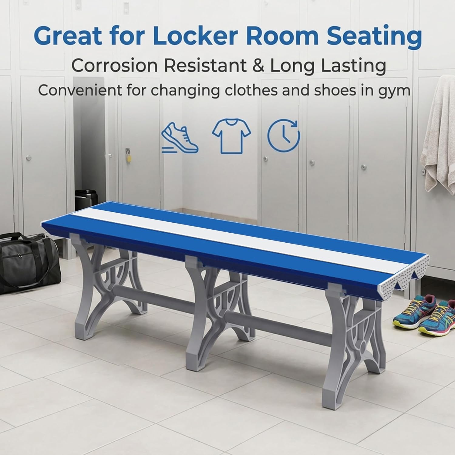 Plastic Shower Bench for Pool and Locker Room, ABS Utility Bench for Bathroom, Spa, Gym and Indoor Outdoor Seating Areas(Blue,L86IN)