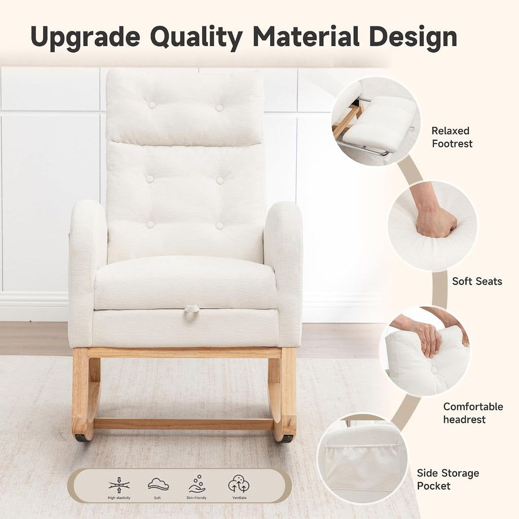 MINCETA Nursery Rocking Chair with Retractable Footrest, Chenille Glider Recliner Chair with High Backrest, Side Pocket and Silent Wood Base for Nursery, Living Room and Bedroom, Cream White