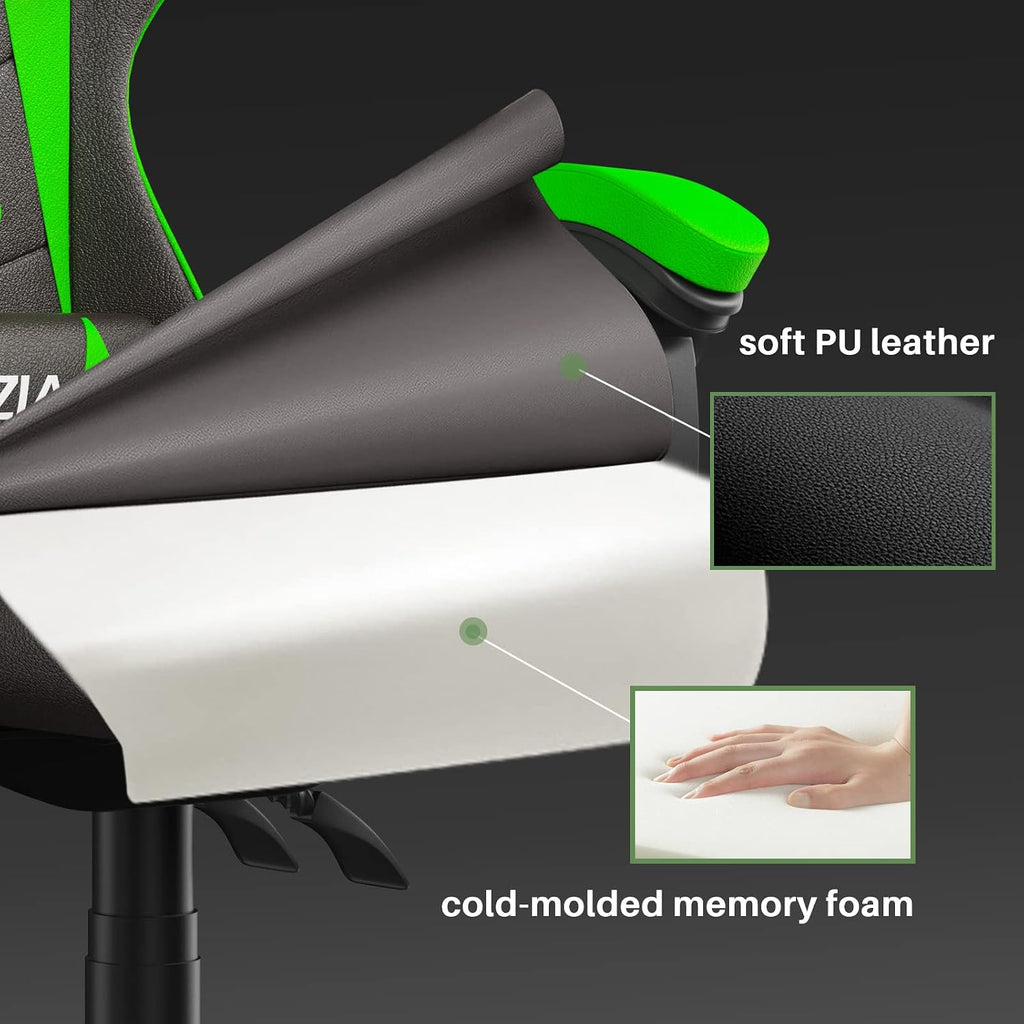 Racingreat Gaming Chair High Back, Ergonomic Computer Gamer Chair with Headrest and Lumbar Support, Racing Style Reclining Game Chair for Adults, Kids (Green-Black)