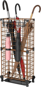 AWTATOS Umbrella Holder Entryway, Umbrella Stand Freestanding, Brown | Metal Square Umbrella Rack Organizer with a Removable Drip Tray, Hooks